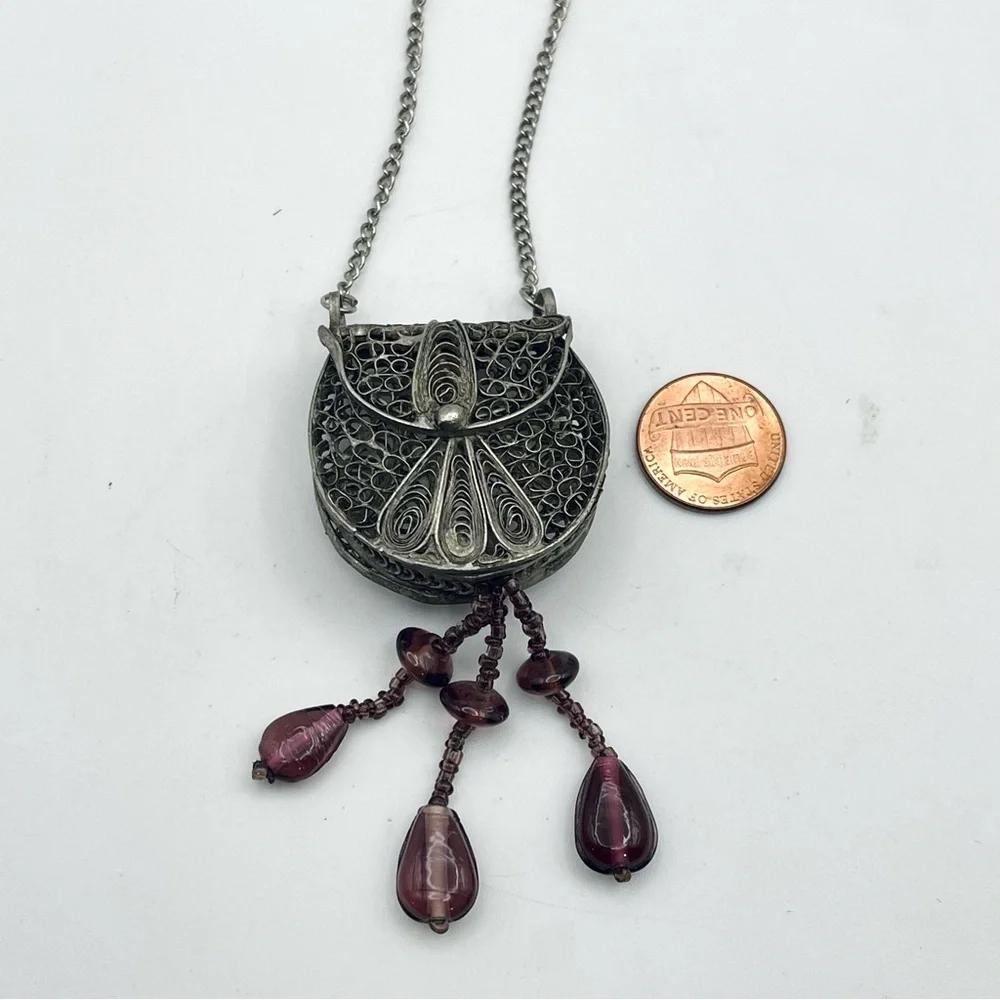 Antique Silver Filigree Purse Pendant Necklace With Amethyst Accents - Picture 11 of 15